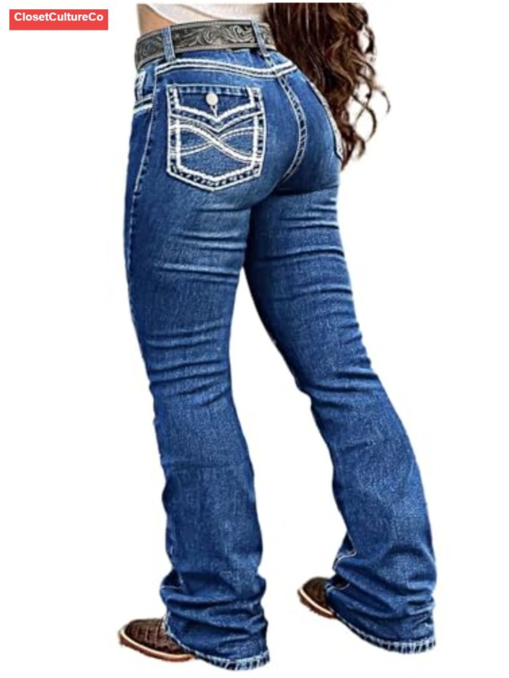 Mid Rise Boot Cut Embroidered Pocket Stretch Denim Jeans